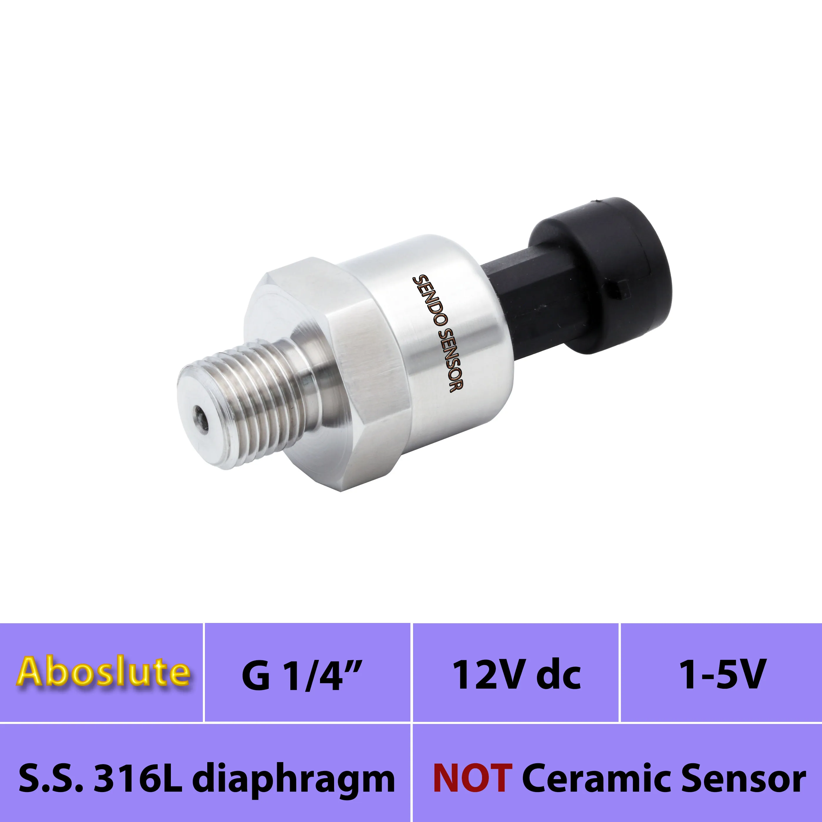 

oil fuel water air pressure sensor, 30, 50, 75 psia, 100, 160, 400, 600kpa, 150psi abolute, 12V 24V DC supply, 1 to 5V output,