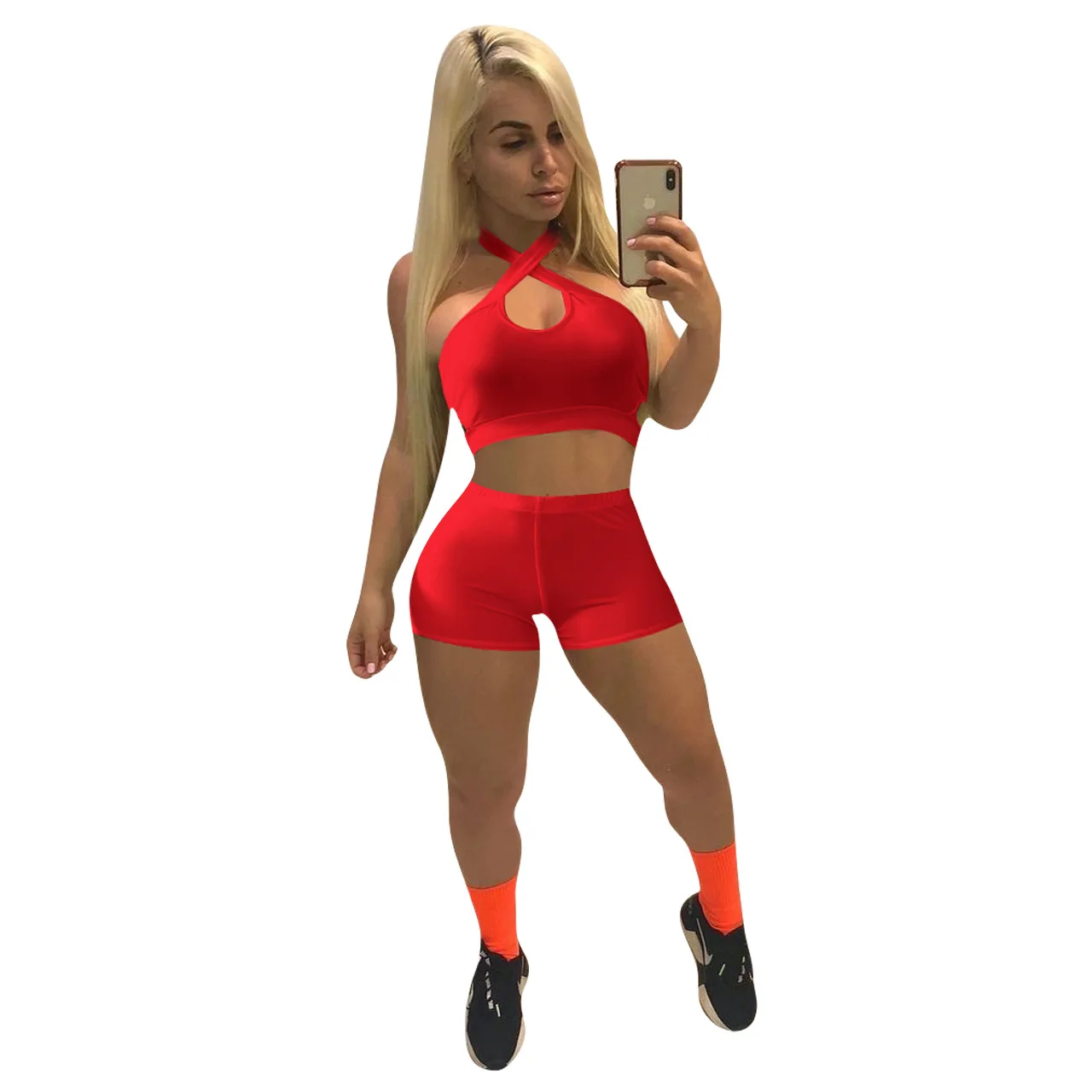 

Casual Female 2PCS Sleeveless Halter Neck Hollow Out Vest Tops Short Pants Two Pieces Sport Set Night Club Outfits 2021 Summer