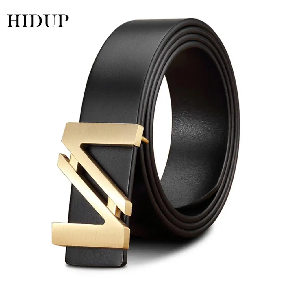HIDUP New Design Letters Brass Smooth Buckle Metal Belts Solid Cow Genuine Leather Belt for Men Fashion 3.3cm Accessories NWJ736