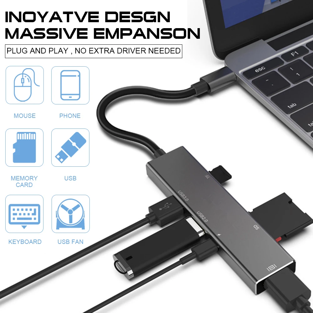 6-в-1 USB 3 0/2 0 Type-C концентратор к HDMI адаптеру C с разъемом TF SD Reader PD для MacBook Pro/Air |