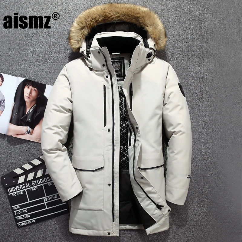 Aismz Tace& Shark medium long coat men's down jacket Russia winter jacket men fur collar thick windbreaker duck down jacket men