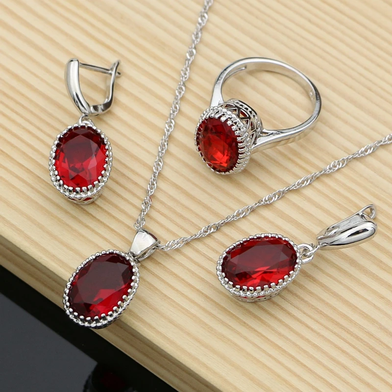 

925 Silver Jewelry Sets Ruby Sapphire Crystal Gem Accessorie Earrings Necklace Kits For Women Party Dropshipping