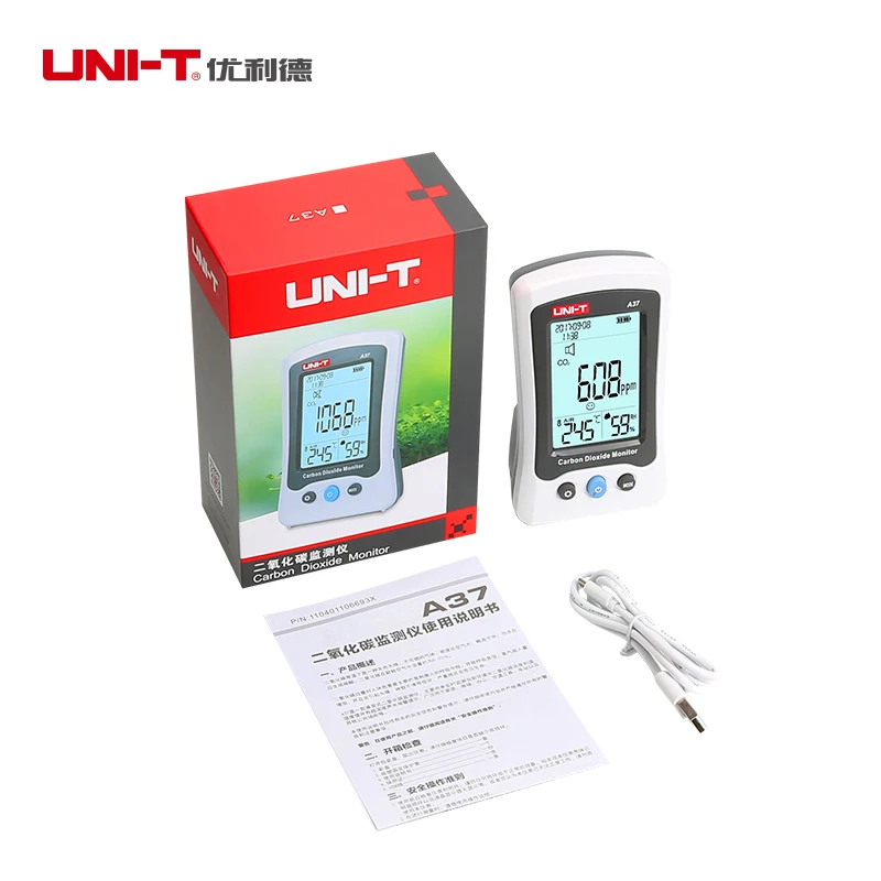 

UNI-T A37 CO2 Meter Automatic baseline correction Audible and visual alarm Low battery indication Auto power off Backlight
