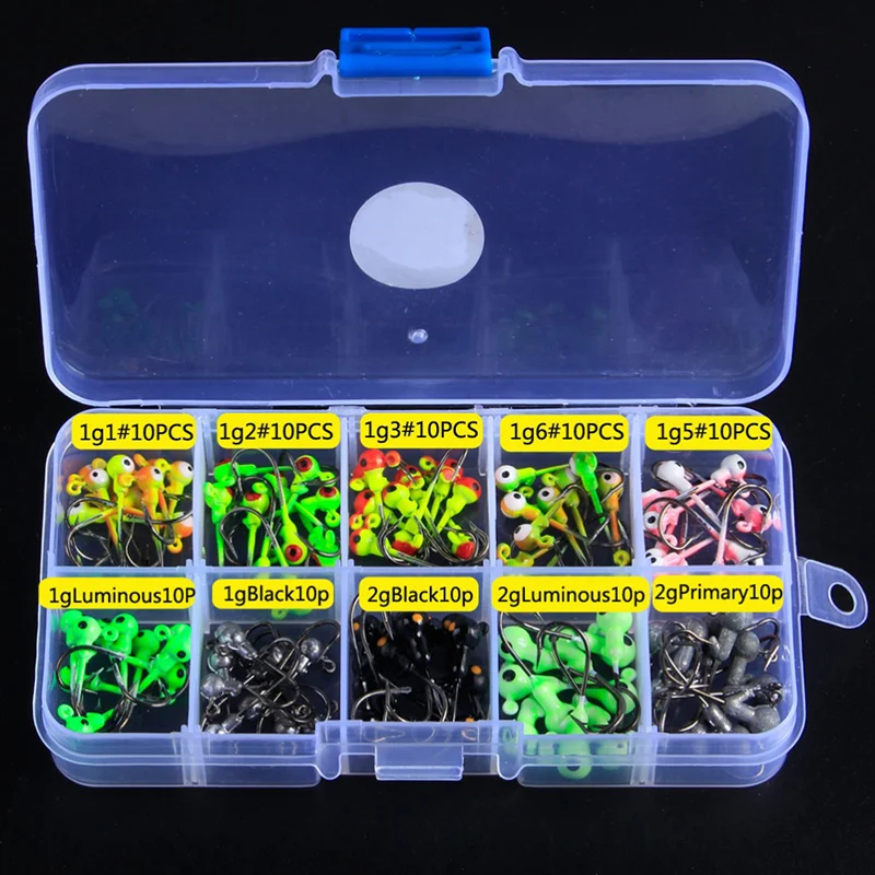 

100pcs Multiple Sizes Fishhook Multicolor Lead Head Jigs With Single Hook Sharp Fishing Hooks Peche With Storage Box Tackle