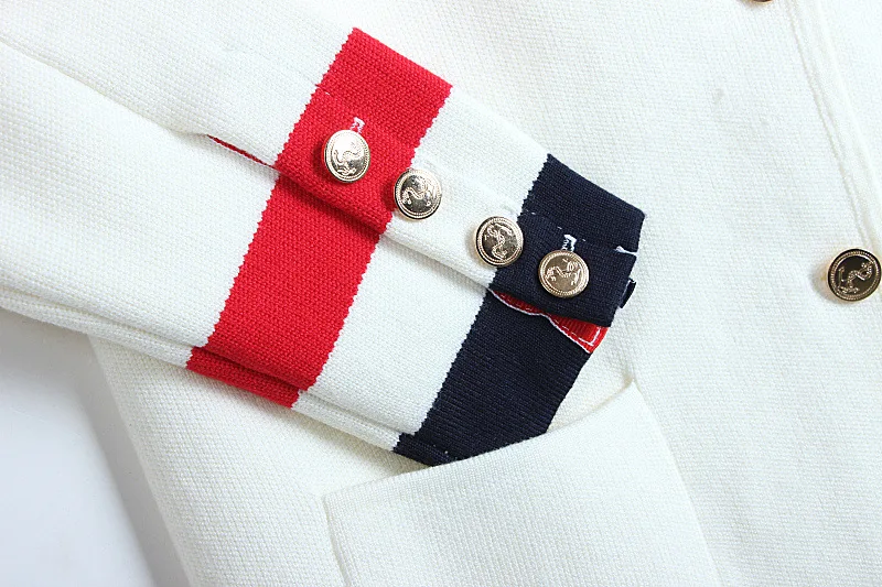 

2020 New Style Autumn and Winter Cardigan Jacket Casual Red, White and Blue Three Color Stripes Double-Pocket Knitwear Fashion