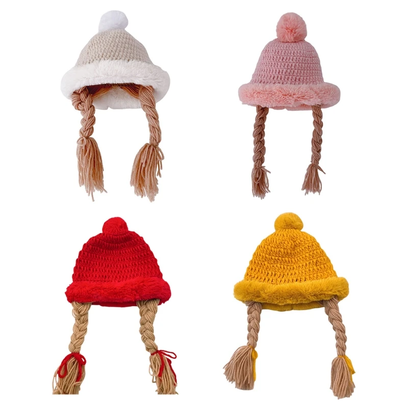 

Warm Soft Plush Ball Pompom Kid Handmade Knitted Cap with Braids Wigs Hat Bonnet 124D