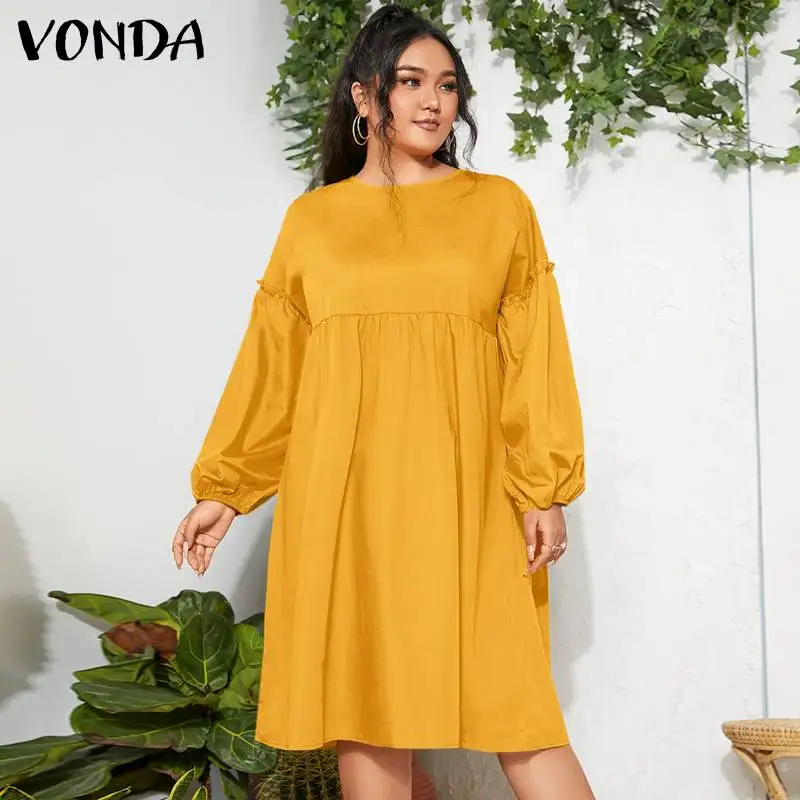 

Женское платье с рукавами-фонариками и оборками, с круглым вырезом