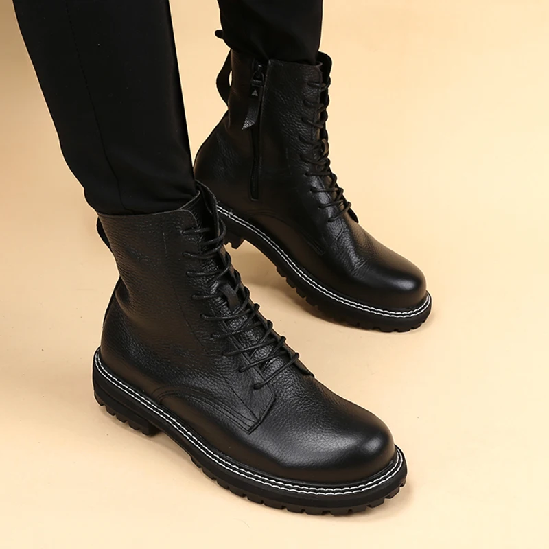 

England style men's leisure autumn winter boots black original leather shoes handsome cowboy platform boot ankle botas masculina