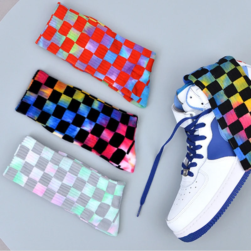 

Novelty Happy Funny Men Tie Dye Socks Wholesale Cotton Harajuku Street Skateboard Art Checkerboard Socks Women's Christmas Gifts