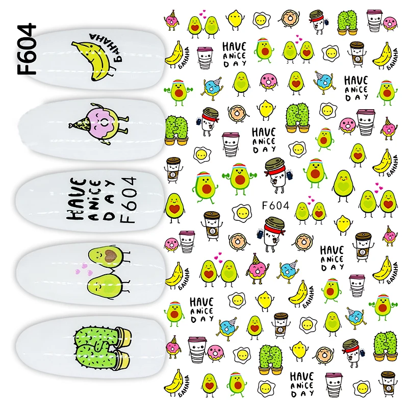 

10PCS Cactus Rainbow Cloud Nail Sticker Leaf Diamond Nail Slider Bee Fried Egg 3D Adhesive Nail Art Decoration Decal F604