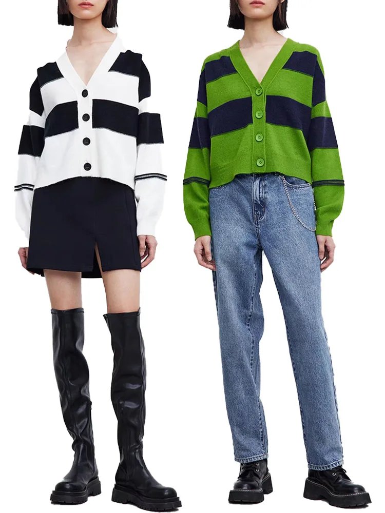 

Fall 2021 new women's fashion color matching stripes loose casual single-breasted V-neck long-sleeved knitted jacket