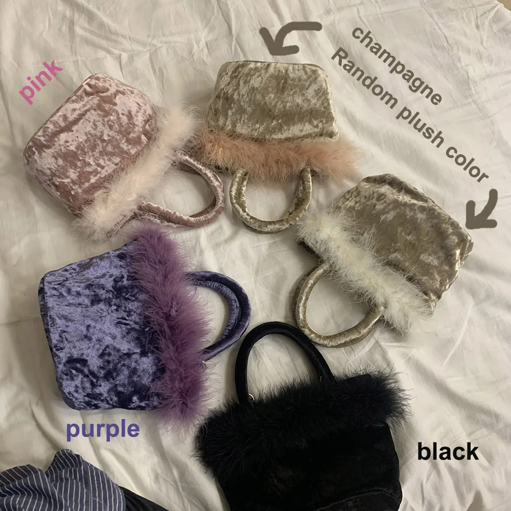 

Vintage Velvet Women Bucket Shoulder Bag Luxury Ladies Party Clutch Purse Handbags Fashion Furry Female Mini Tote Messenger Bags