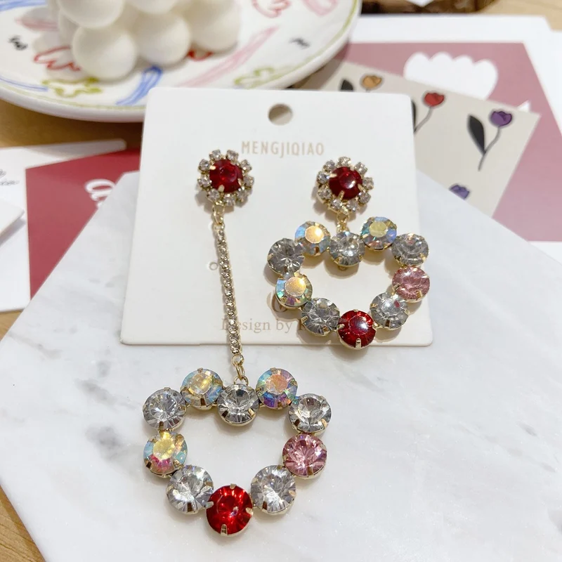 

MENGJIQIAO Korean Fashion Asymmetric Heart Crystal Long Drop Earrings For Women Girls Luxury Lace Brincos Party Jewelry Gifts