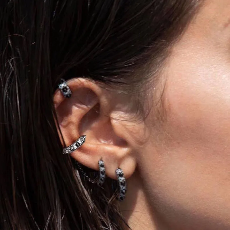 Baoyocn 1pc Solid 925 Sterling Silver Rivet Ear Cuff Zircon CZ Pink Black Spike Clip Earring Women Luxury Brand Jewelry | Украшения и