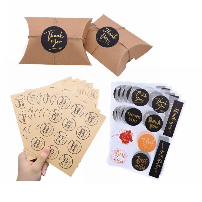 

Mini Kraft Paper Box Pillow Bags Thank You Label Stickers Birthday Sealing Sticker for Birthday Wedding Party Favors Handmade