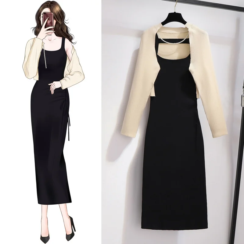 Autumn 2021 New Sexy Elegant Slim Fit Inspirational Bottoming Knit Halter Dress + Coat Two-Piece Suit