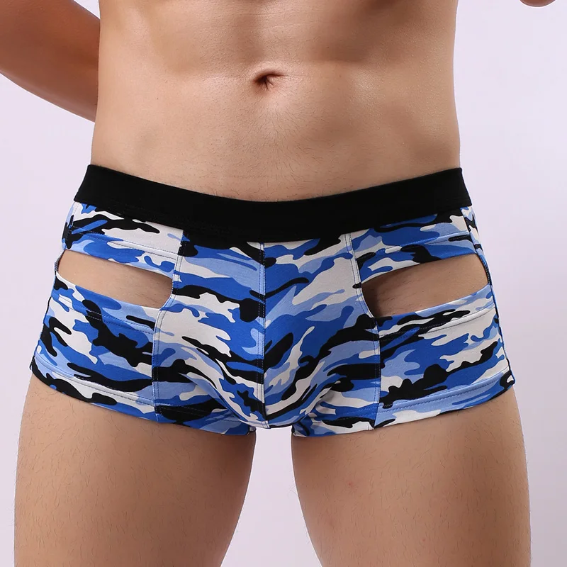 Боксеры мужские с вырезами пикантное нижнее белье камуфляжные дышащие хлопковые