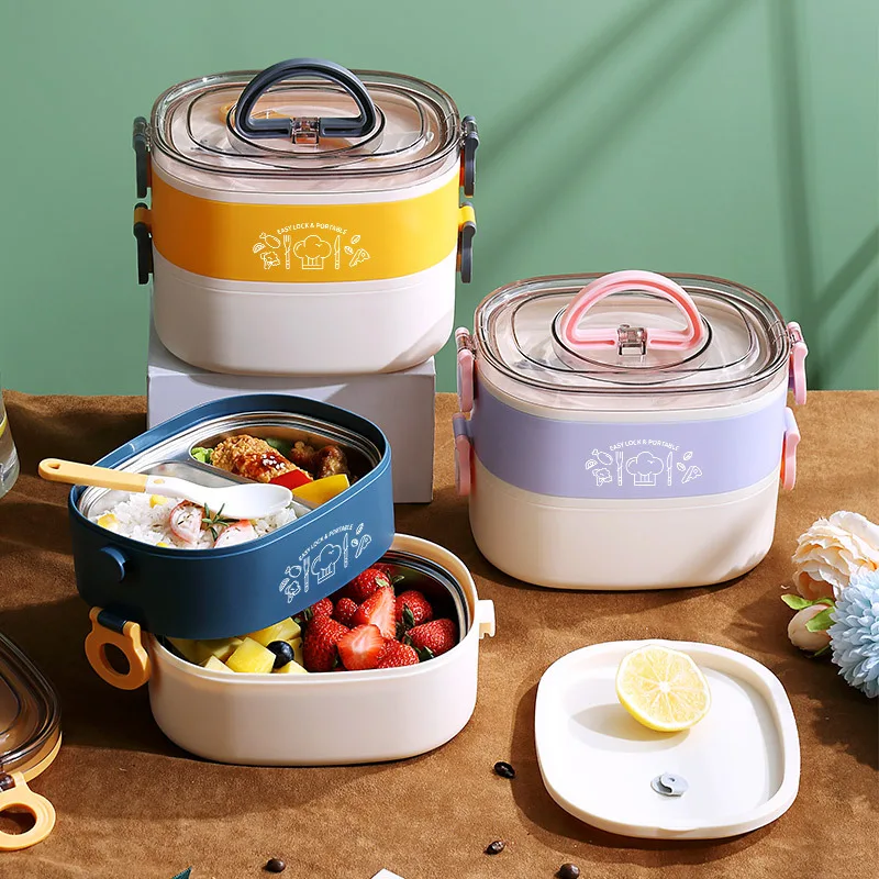 

Double-Layer Oval Lunch Box for Kids Stainless Steel Liner Food Carrier Storage Container Portable Bento Boxes with Compartments