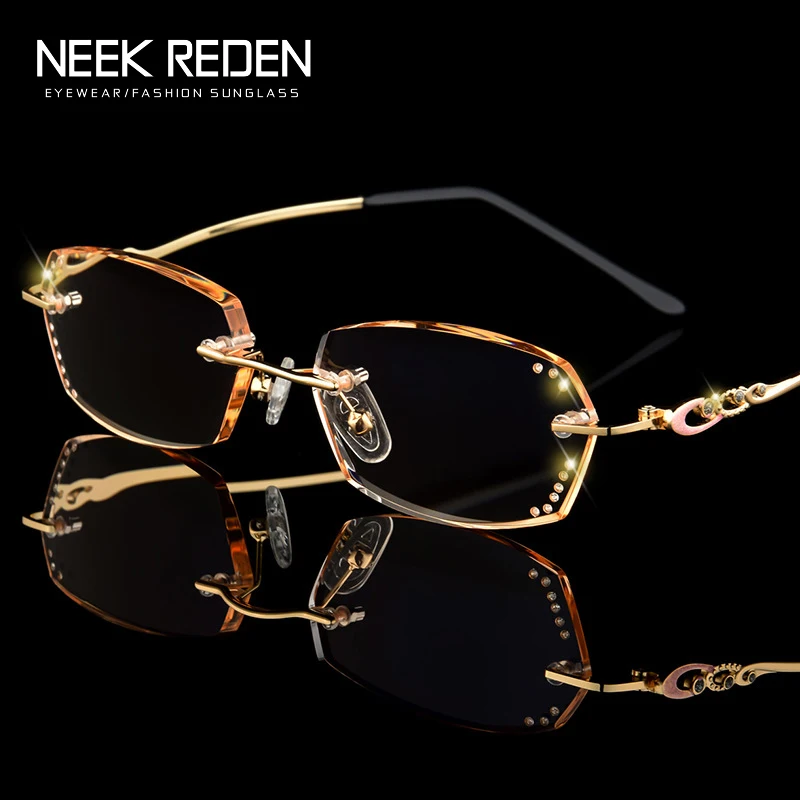 

Gold Metal Frame Reading Glasses Men Women High Quality Rhinestone Eyeglasses Rimless Rectangular Diamond Cutting Retro Eyewear