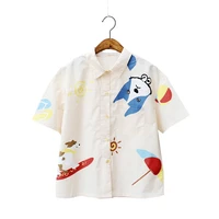 xuanhao women cartoon dog print short sleeve blouses 2020 summer turndown collar pockets shirts for femme casual top blusas