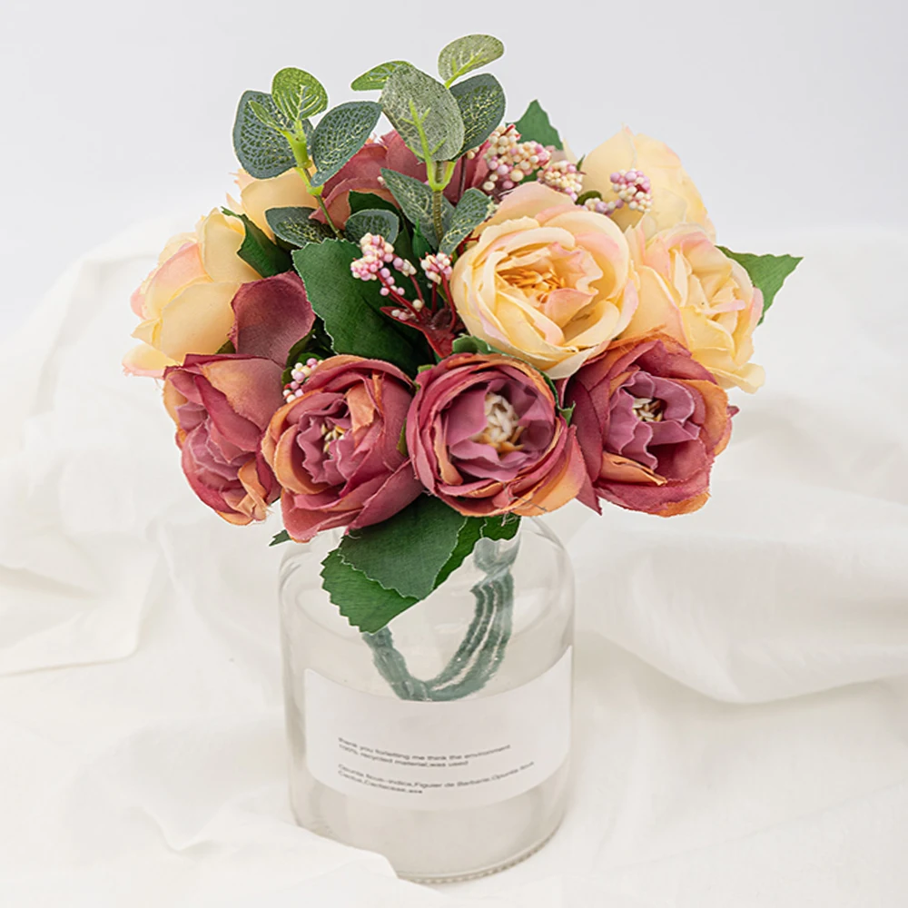 Rose red Новая Шелковая Роза искусственная цветы для украшения дома на балкон Красивые розы Букет Поддельные свадебные цветы композиция - Цвет: Rose red