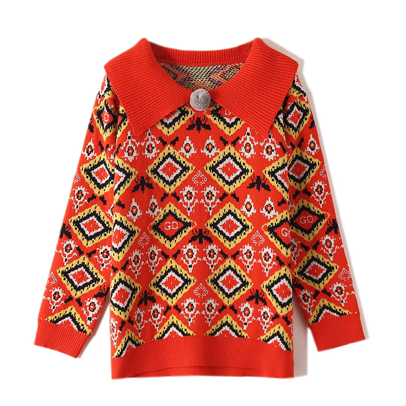 

Свитер женский, жаккардовый, с отложным воротником, в клетку