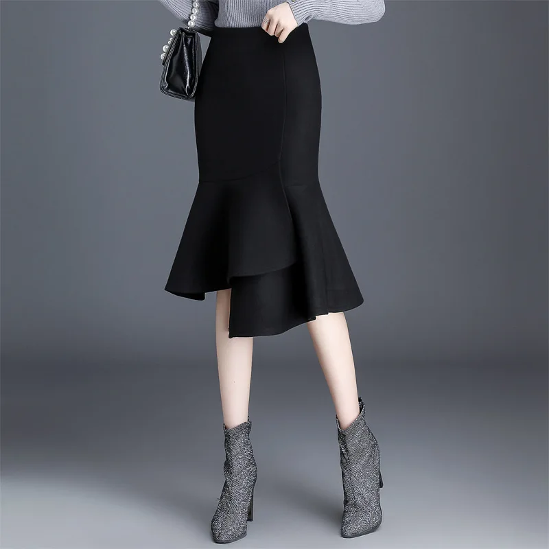 

Women Splice Ruffles Irregular Woolen Fishtail Skirt Autumn Winter Zipper High Waist Elegant Chic Slim Bodycon Skirts