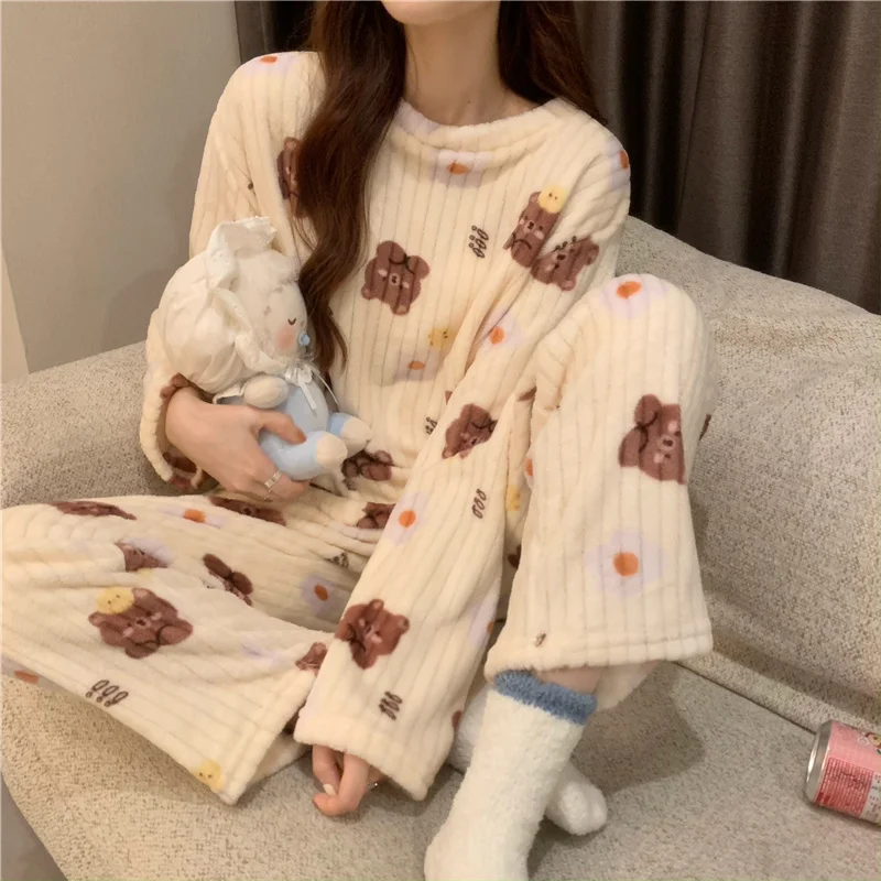 Little Bear Coral Velvet Pajama Set Female Autumn Winter 2021 Loose Comfortable Long Sleeved Home Clothes Two Piece Rac | Женская одежда