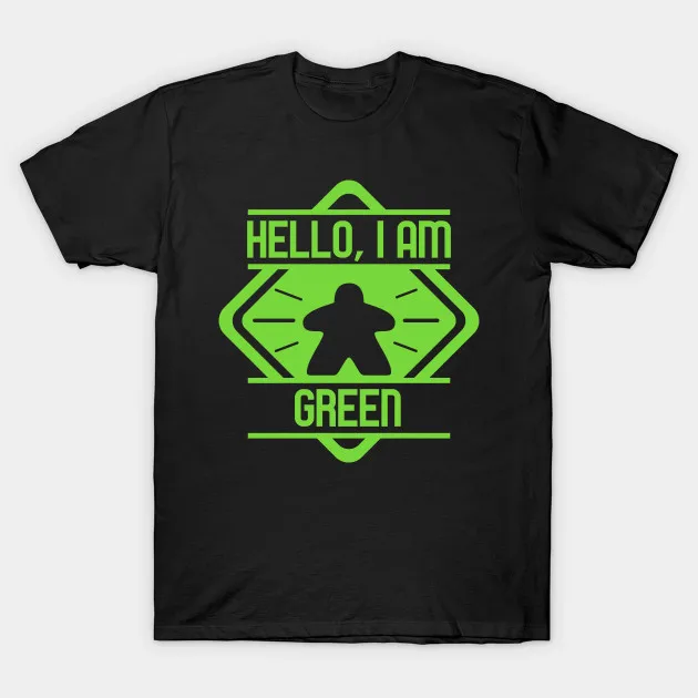 Мужская футболка с надписью Hello I Am Green Meeple настольные игры|Мужские футболки| |