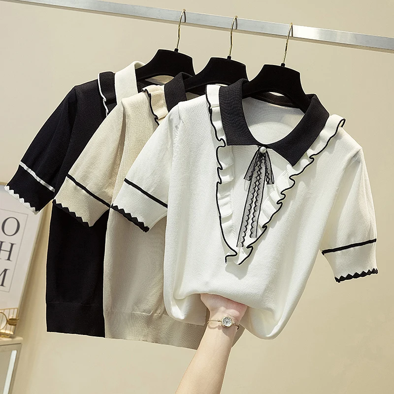 

POLO Collar Womens Tops 2021 Knitted Tee Shirt Korean Fashion White T-shirts Women Summer Short Sleeve Ruffle Tshirt Clothes