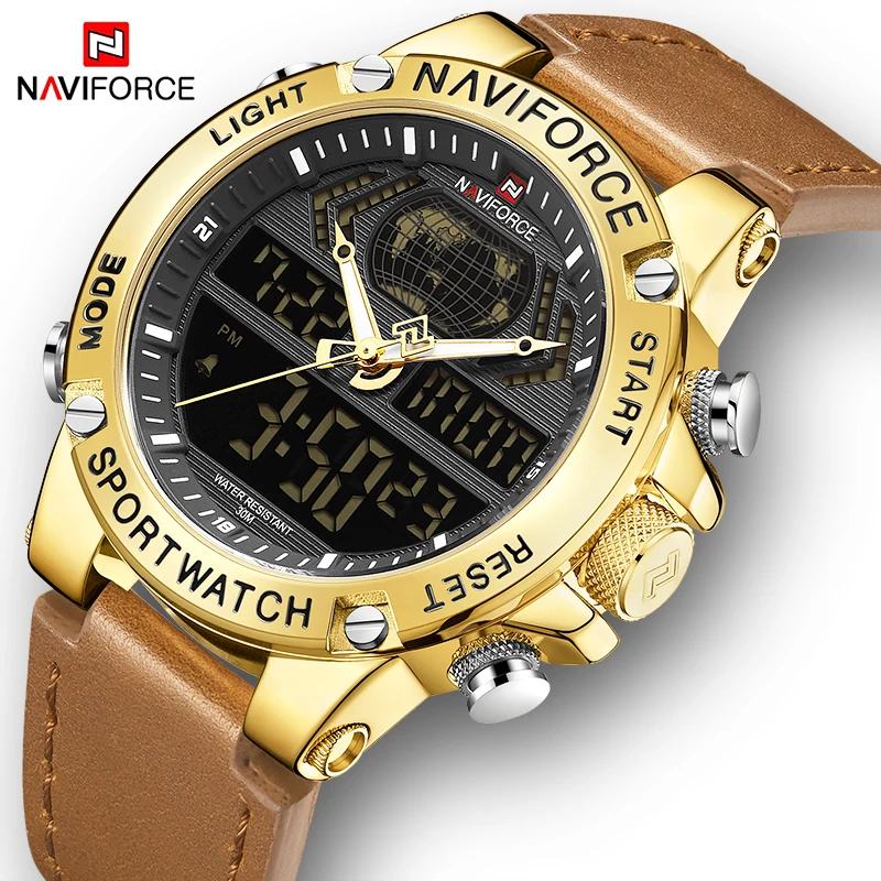 NAVIFORCE, роскошные золотые мужские часы, спортивные, светодиодный, цифровые, кварцевые часы, военные, кожа, водонепроницаемые часы для мужчин, Relogio Masculino