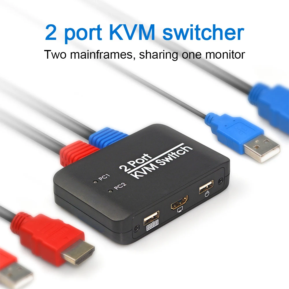 KVM Switch 2 Ports 4K 60Hz 2 In 1 Out Splitter with 1.2m Wire KVM HDMI-Compatible Switcher for Keyboard Mouse U Disk