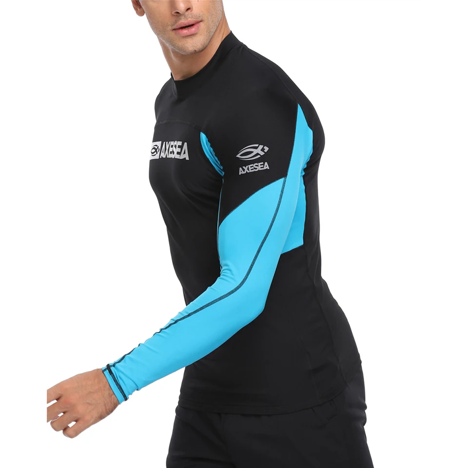 AXESEA Men Rash Guard Patchwork Swimwear Long Sleeve Rashguard Sun Protection Swimsuit Surfing Shirt Top UPF50+ Sport Beachwear