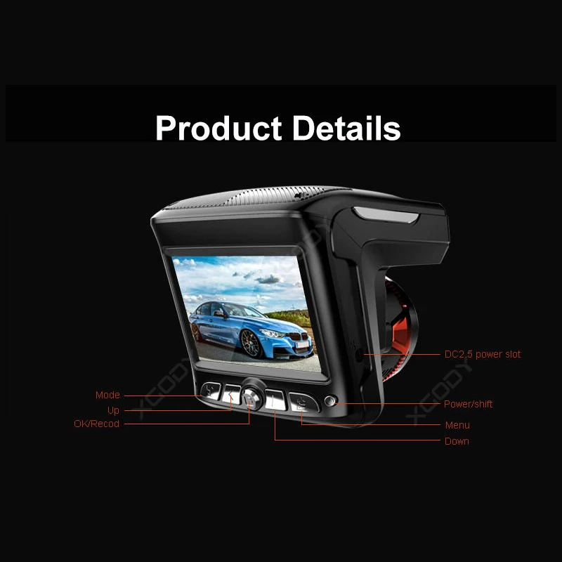 XGODY 2 в 1 HD Автомобильный видеорегистратор радар 2,4 ''HD экран дисплея ABS корпус детектор скорости автомобиль камера для приборной панели видеокамера рекордер