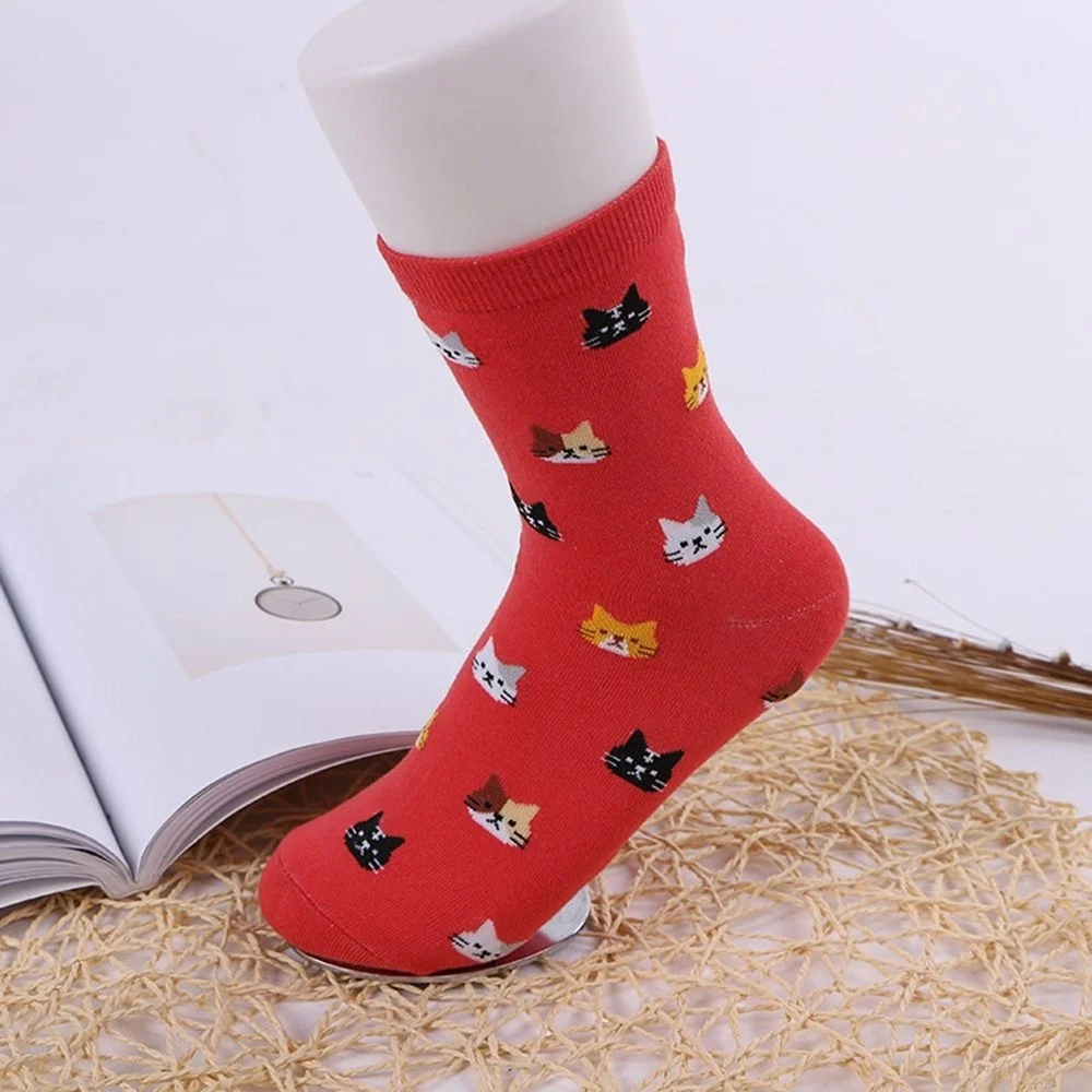Red 5 Забавные женские зимние теплые мягкие хлопковые носки с котом «I love Kitty», с надписями, в полоску, с рисунком, труба для кошки, носки mujer sox - Цвет: Red 5