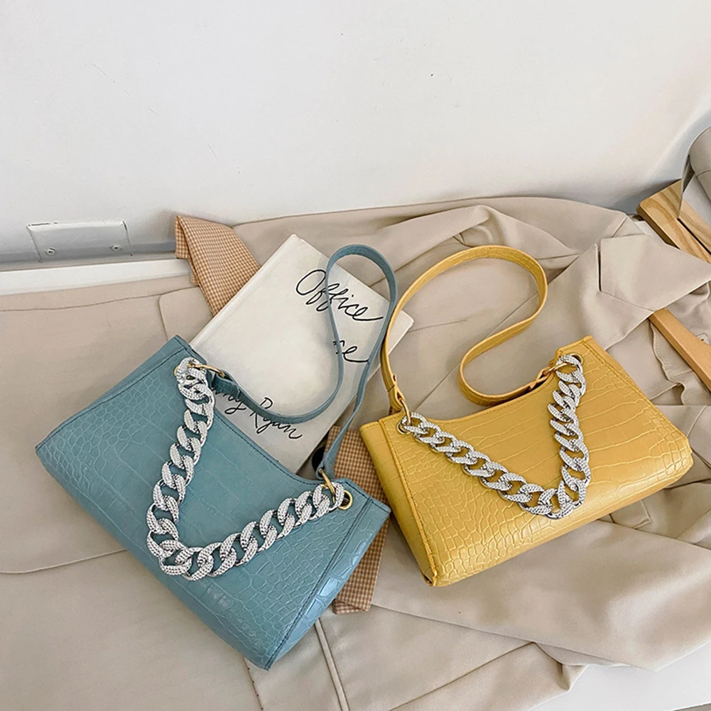 

Vintage Women PU Leather Alligator Pattern Rhinestone Thick Chain Shoulder Underarm Bag Casual Ladies Solid Color Small Handbags