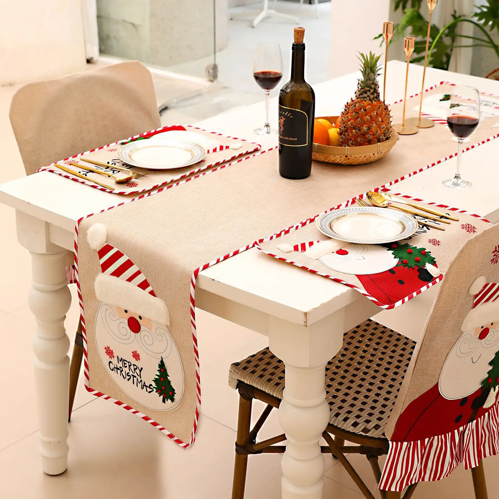 

Christmas Cotton Linen Table Runner 3D Embroidery Tablecloth Xmas Home Dinner Desktop Ornaments Table Cover New Year Decorations