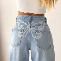 butterfly print denim pants women 90s jeans for girls female fashion 2021vintage high waisted trouser harajuku capris streetwear