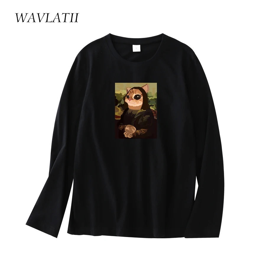 

WAVLATII New Women Cotton Long Sleeve T shirts Lady Print Casual Basic Tops Female Soft Black White Tees WLT2105