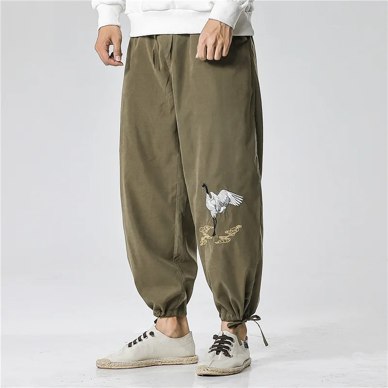 

Japanese Lace-up Casual Trousers Men's Autumn New Chinese Style Embroidery Pants Linen Harem Pants Chinese Traditional Clothing