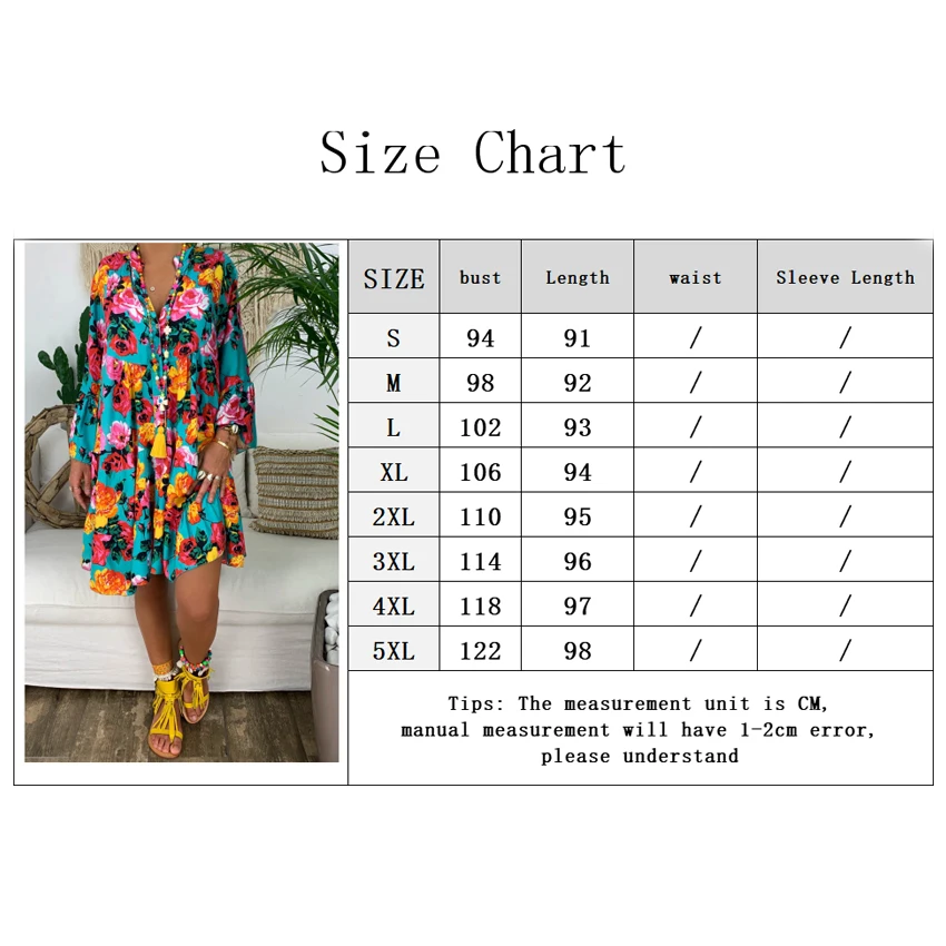 

Women's Fashion Loose Casual V neck printed long sleeve dress Floral dress Plus Size