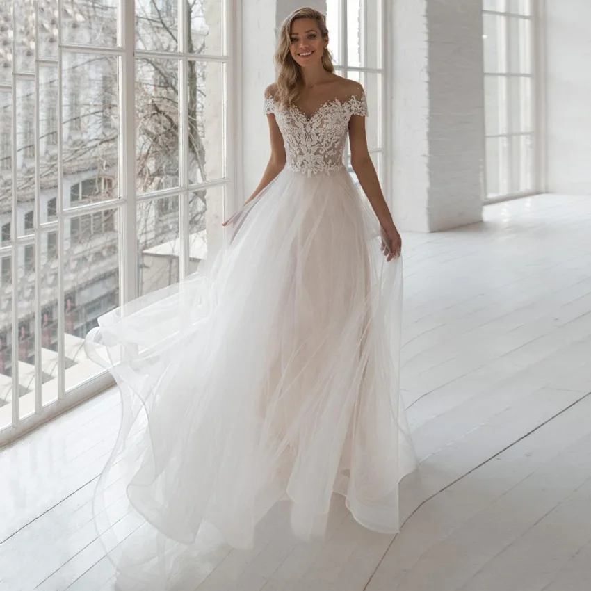 

Real Vestido De Noiva Wedding Dresses Charming Sheer O-Neck Short Sleeves Pearls Applique Tulle A-line Bohemian Gowns