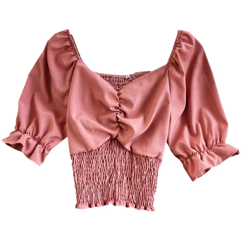 

Summer New Blouse V-neck Short-Sleeved Pullover Shirt Female Wild Sexy Puff Sleeve Solid Color High-Waist Short Top Female C003