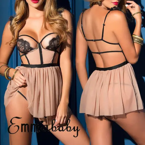 Женское сексуальное женское белье с открытой спиной Кружева Babydoll стринги открытая чашка нижнее белье Teddy прозрачная пижамка со стрингами Ночная одежда