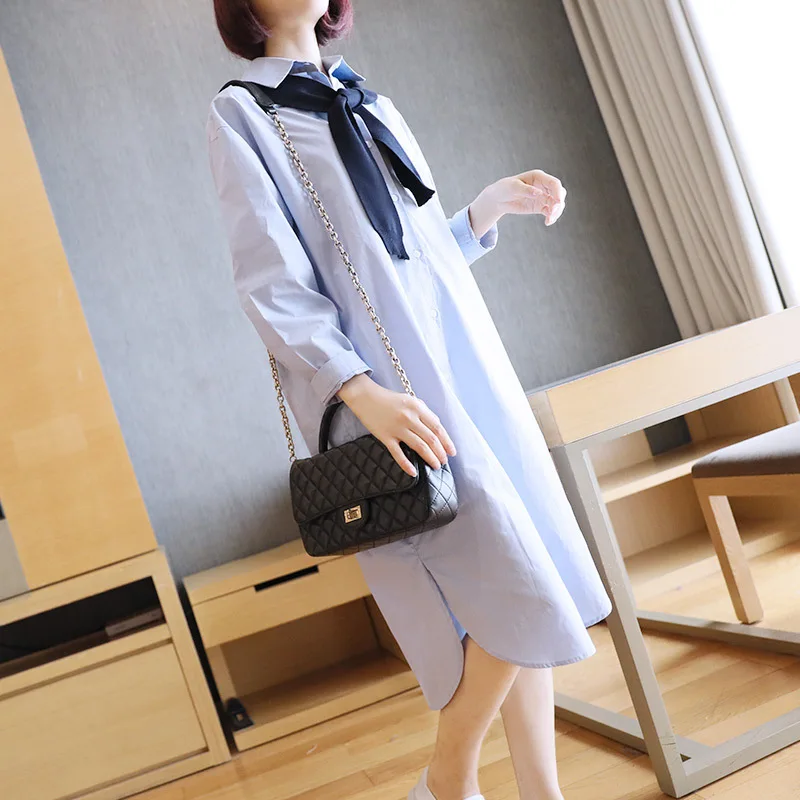 

2020 New Fashion Women's Autumn Dress Wrist Singer Breasted Pink Blue Dress for Ladies Sheer Korean All-match Shirt Dress Woman