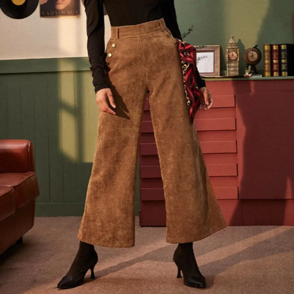

2020 Fashion Women Broad Leg Corduroy Casual All-Match Pants With Pockets Durable Thick Daily Leggings Pure Color Spring Autumn