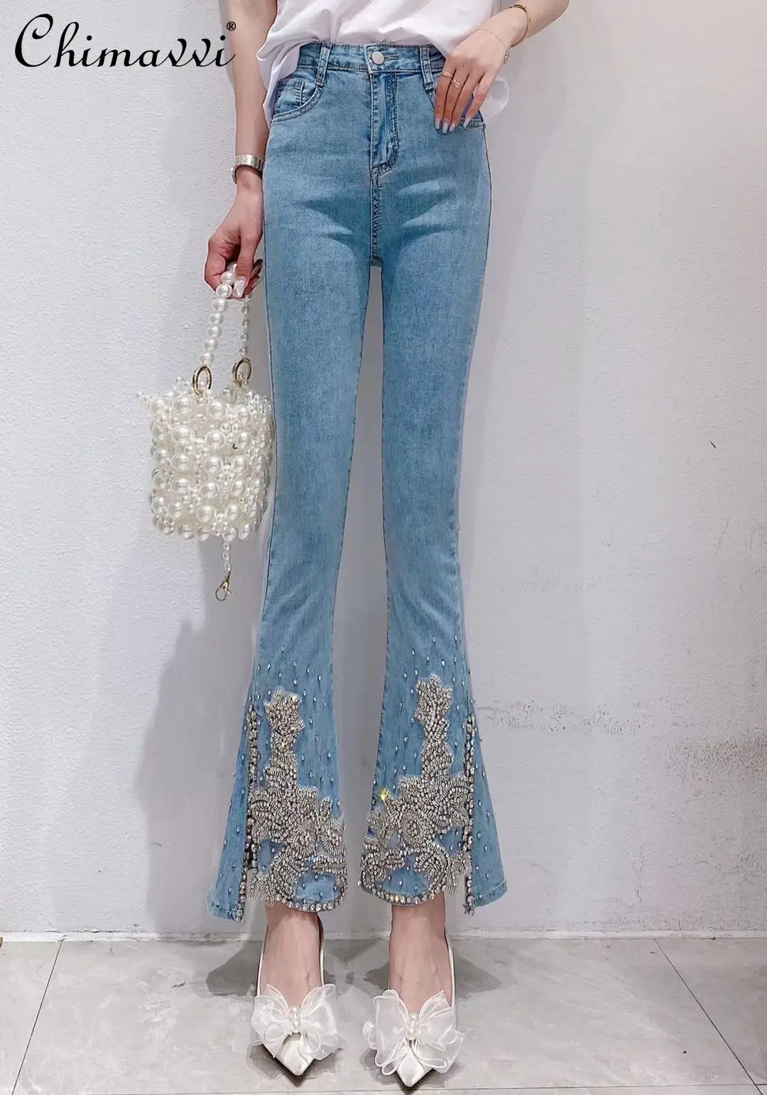 

High Street Women Clothing High Waist Blue Flare Jeans Female New Beaded Rhinestone Slimming Long Trousers