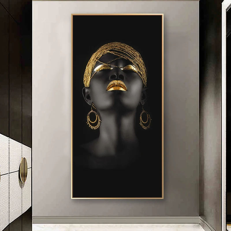 

African woman art painting on the wall art poster and printed black hand holding golden jewelry canvas picture home decoration