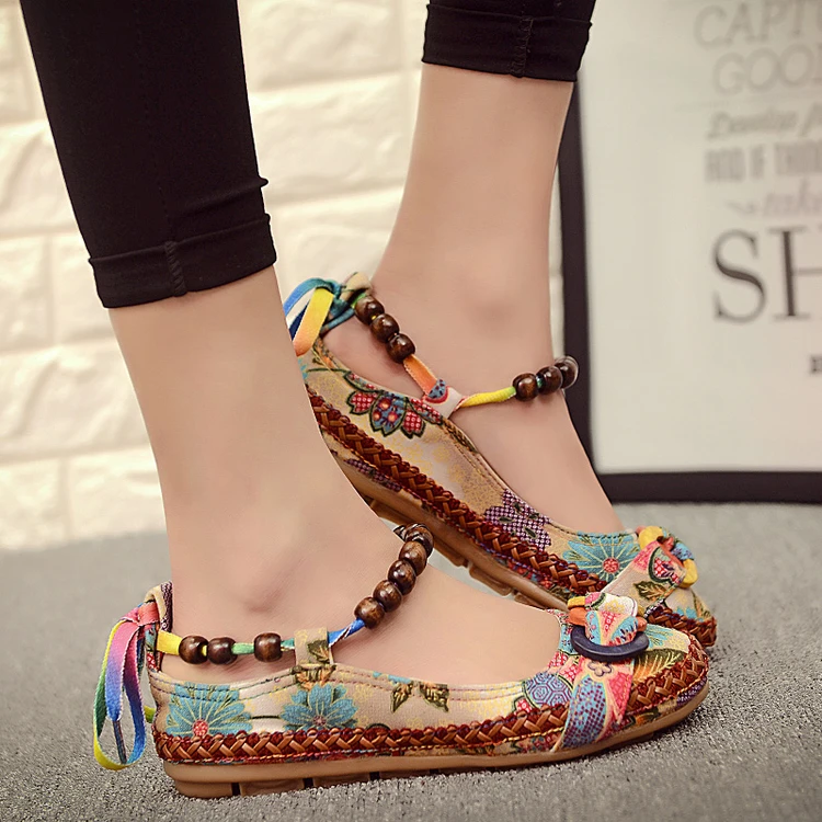 

Plus size42 Casual Flat Shoes Women Flats Handmade Beaded Ankle Straps Loafers Zapatos Mujer Retro Ethnic Embroidered Shoes
