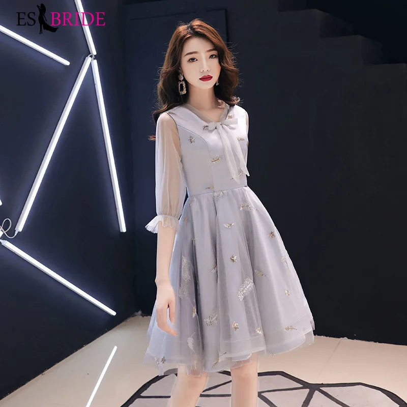 Элегантные коктейльные платья с вышивкой ES3261 ТРАПЕЦИЕВИДНОЕ короткое серое